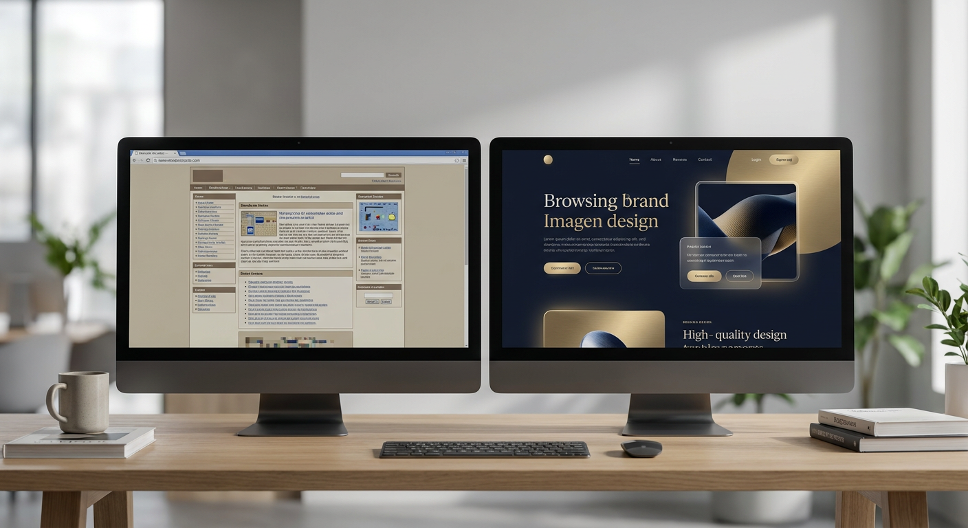 Outdated 2015 website vs modern 2024 Scottsdale web design comparison on dual monitors — C Dell agency Phoenix AZ