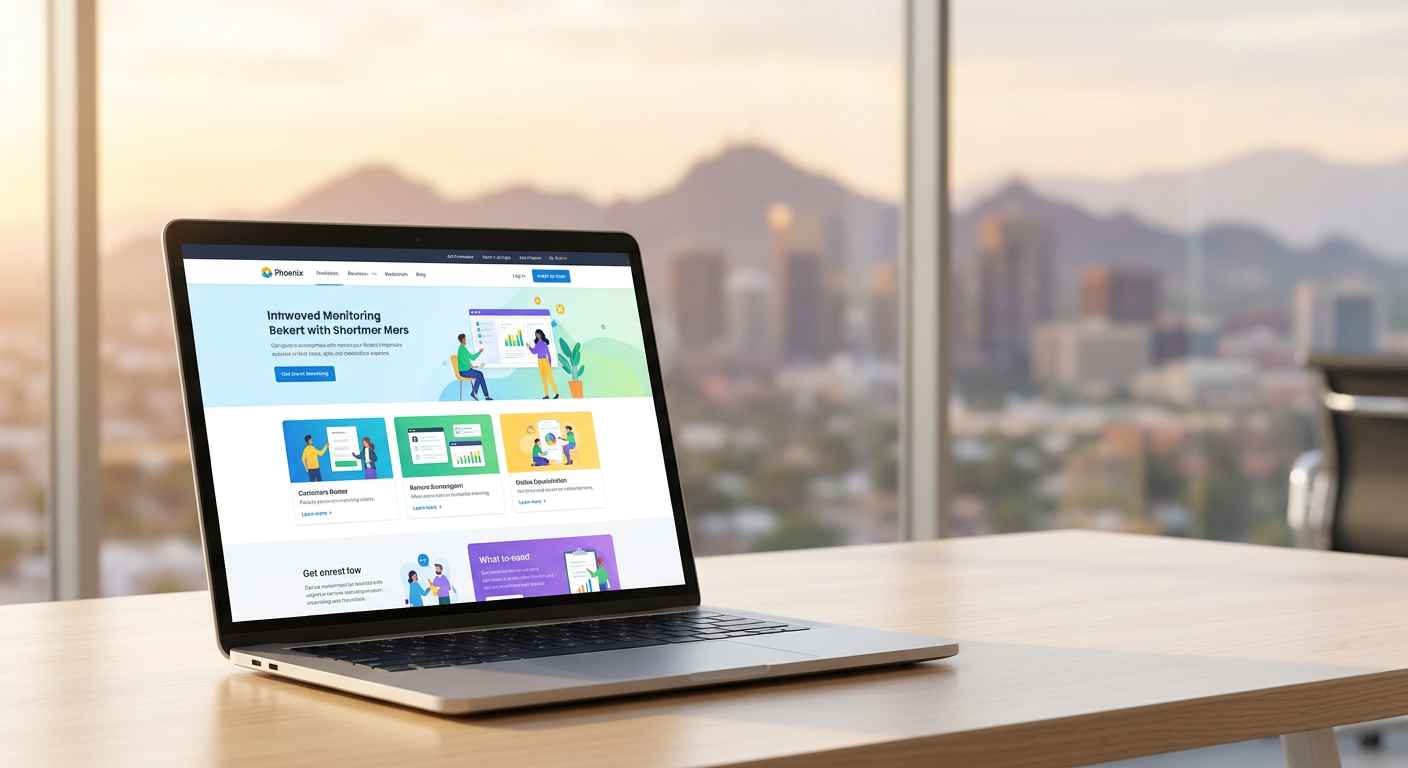 ADA compliant website design for Phoenix businesses displayed on a laptop with city skyline background