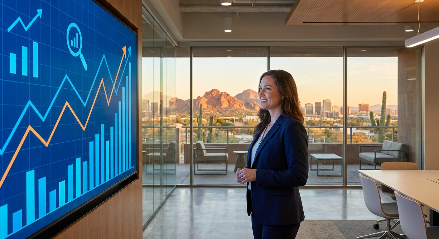 Phoenix business owner viewing rising AI search visibility metrics representing first-mover SEO opportunity in Arizona