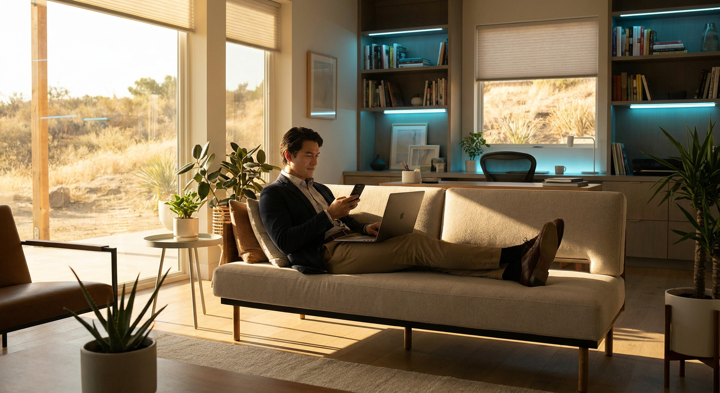 Phoenix resident using smartphone indoors in summer heat, browsing online services - digital marketing opportunity Arizona